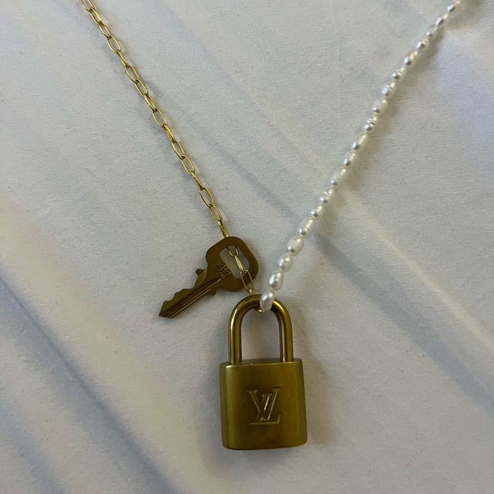 Authentic LV lock and key on Madewell chain and pearl necklace